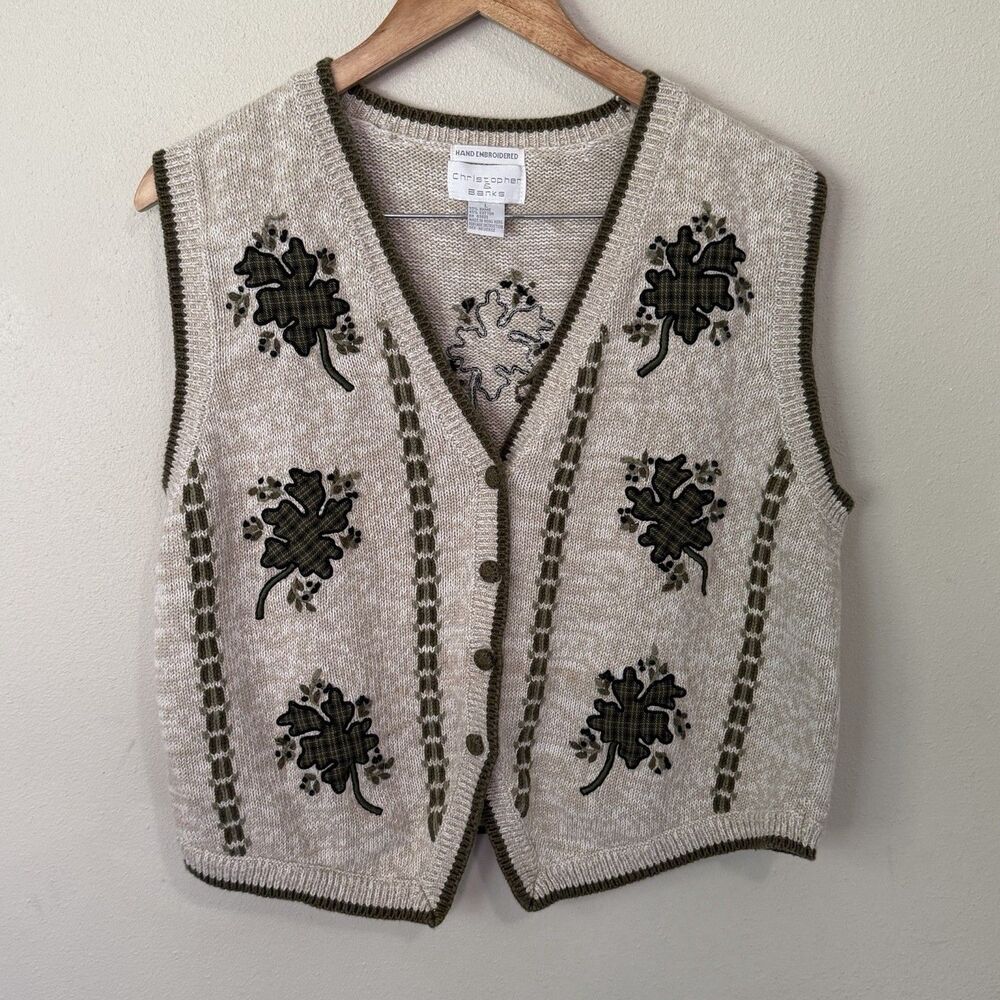 Vintage Christopher Banks Sweater Vest Womens L Hand Embroidered Shamrock Plaid